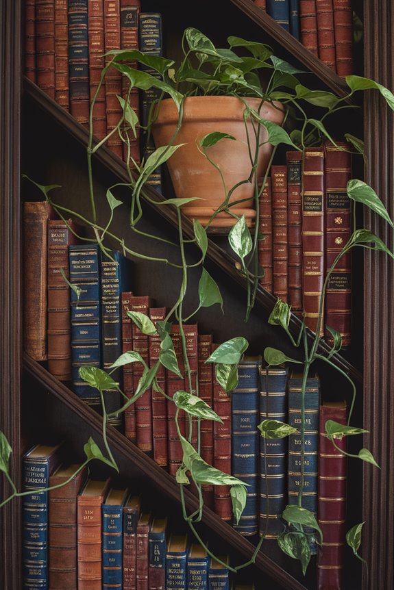 trailing plants over books