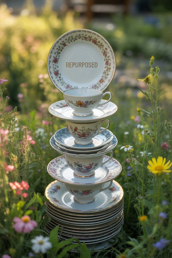 vintage dish totem garden sculptures