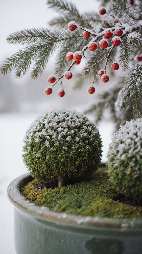 boxwood containers with moss