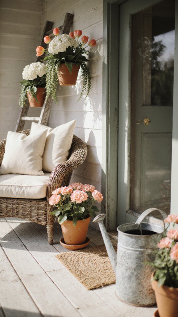 bright floral porch with wreaths