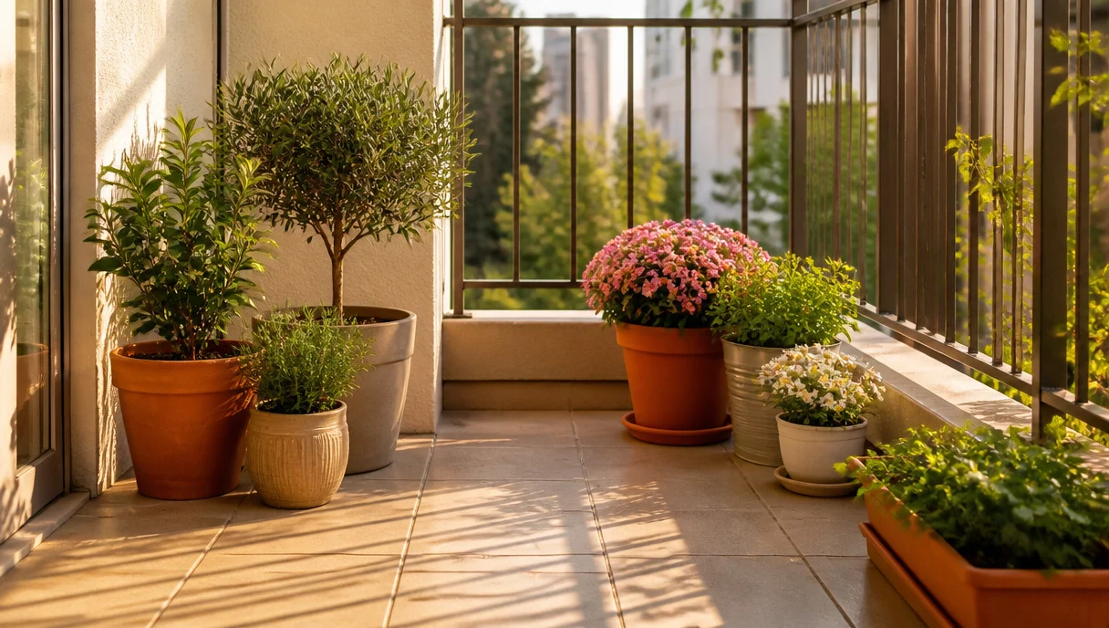 Pinterest-style title graphic for How to Group Balcony Plants So You Water Less Often.