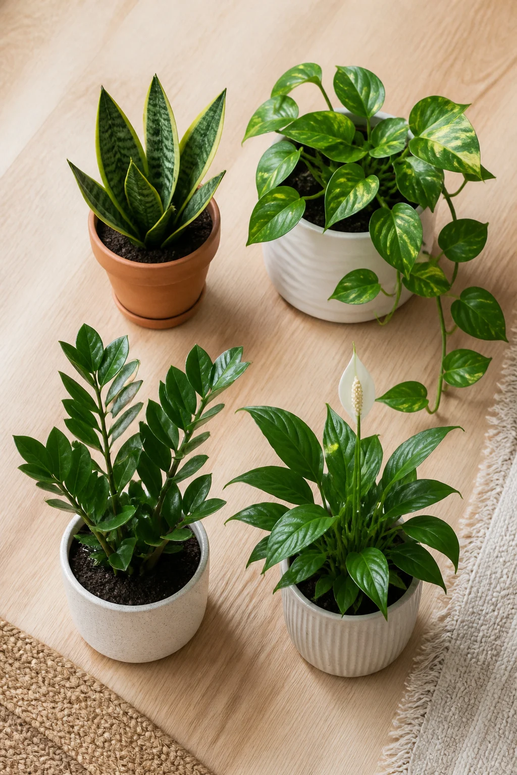 Four small healthy low-light houseplants arranged on a light wood surface including a compact snake plant, pothos, ZZ plant.