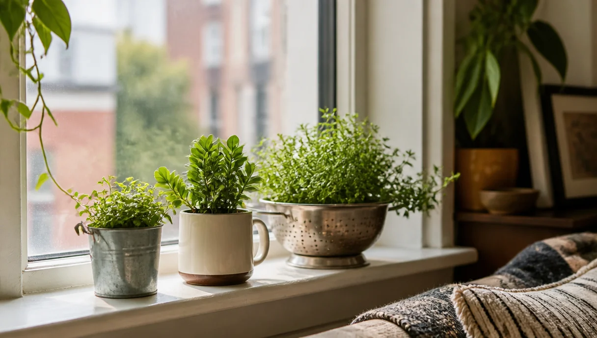 Pinterest-style title graphic for Upcycled Planters That Make Any Small Space Feel Like a Garden.