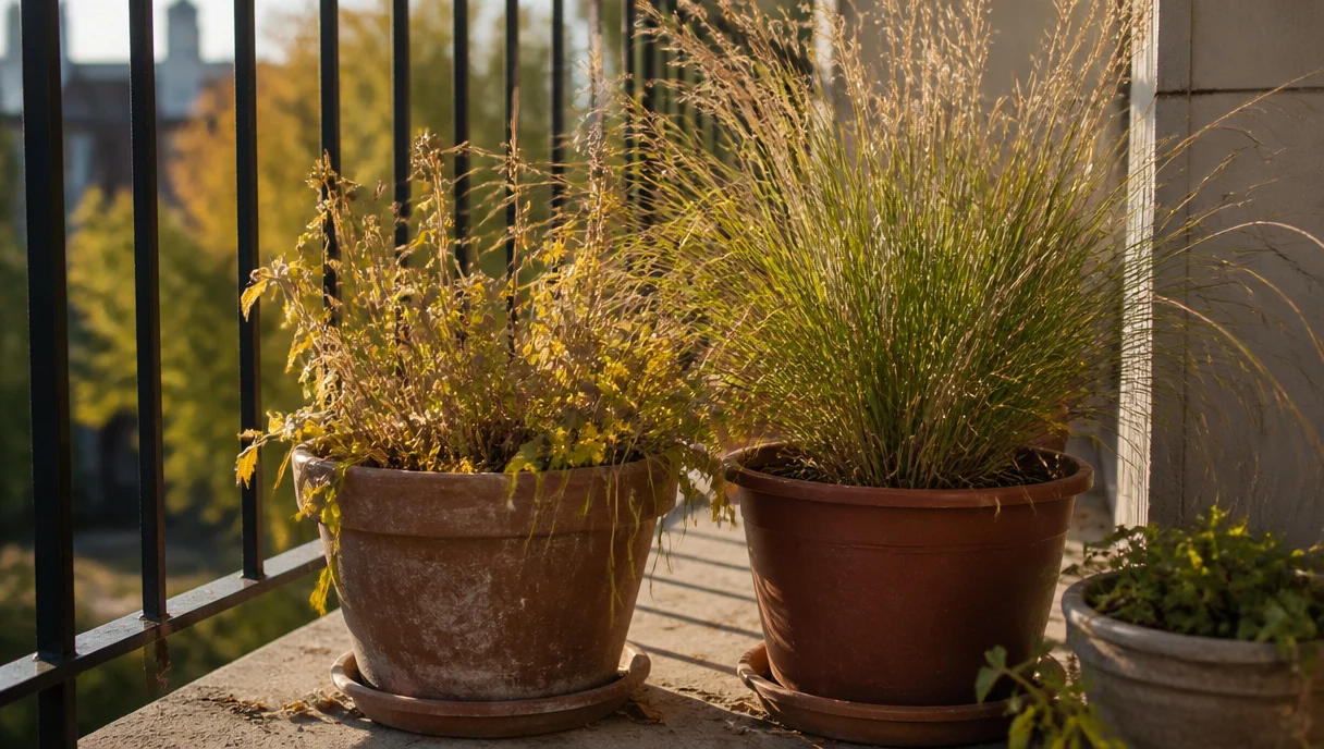 Pinterest-style title graphic for Balcony Container Plants That Look Great Going Into Fall.