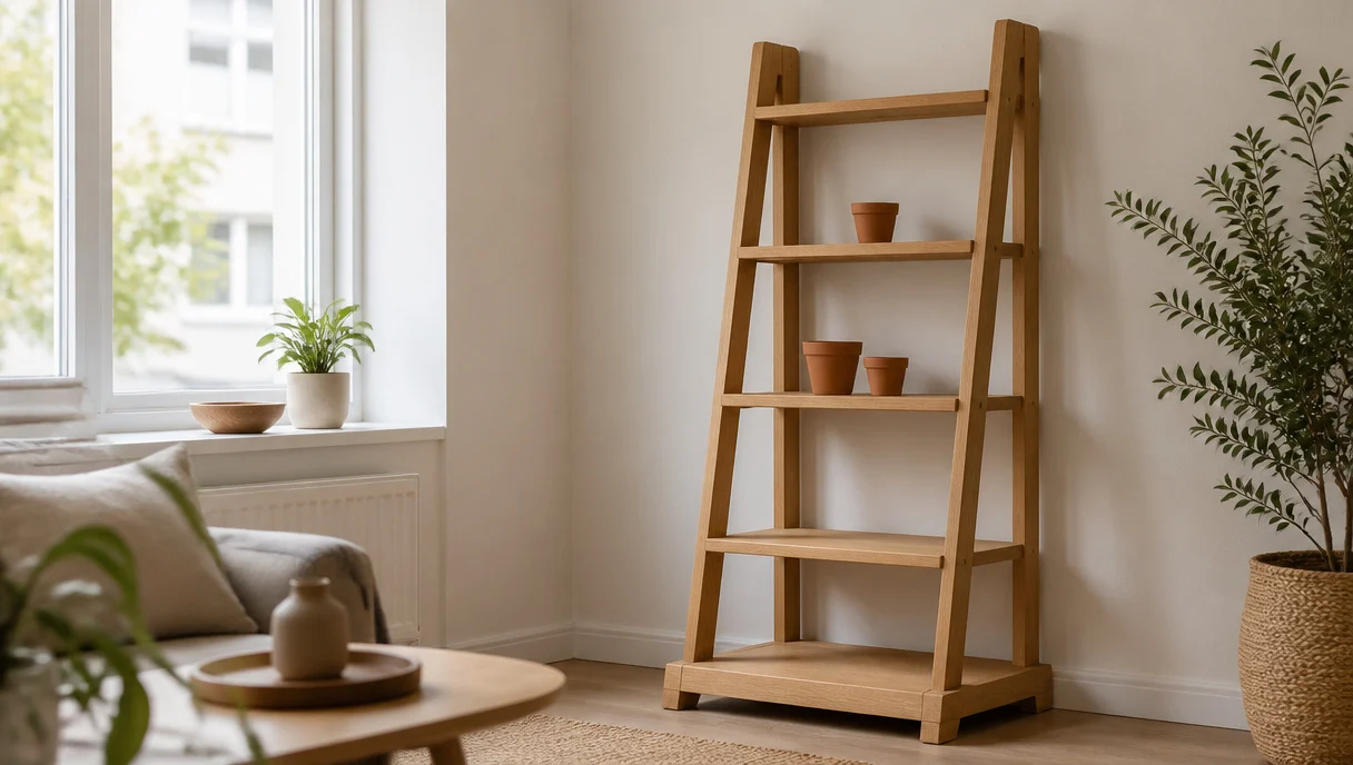 Pinterest-style title graphic for How to Style a Ladder Shelf for Plants Without Drilling a Single Hole.
