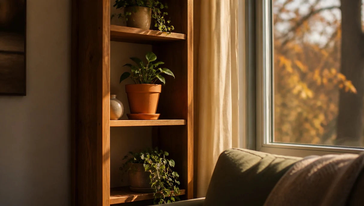 Pinterest-style title graphic for How to Style a Plant Shelf for a Cozy Fall Living Room.