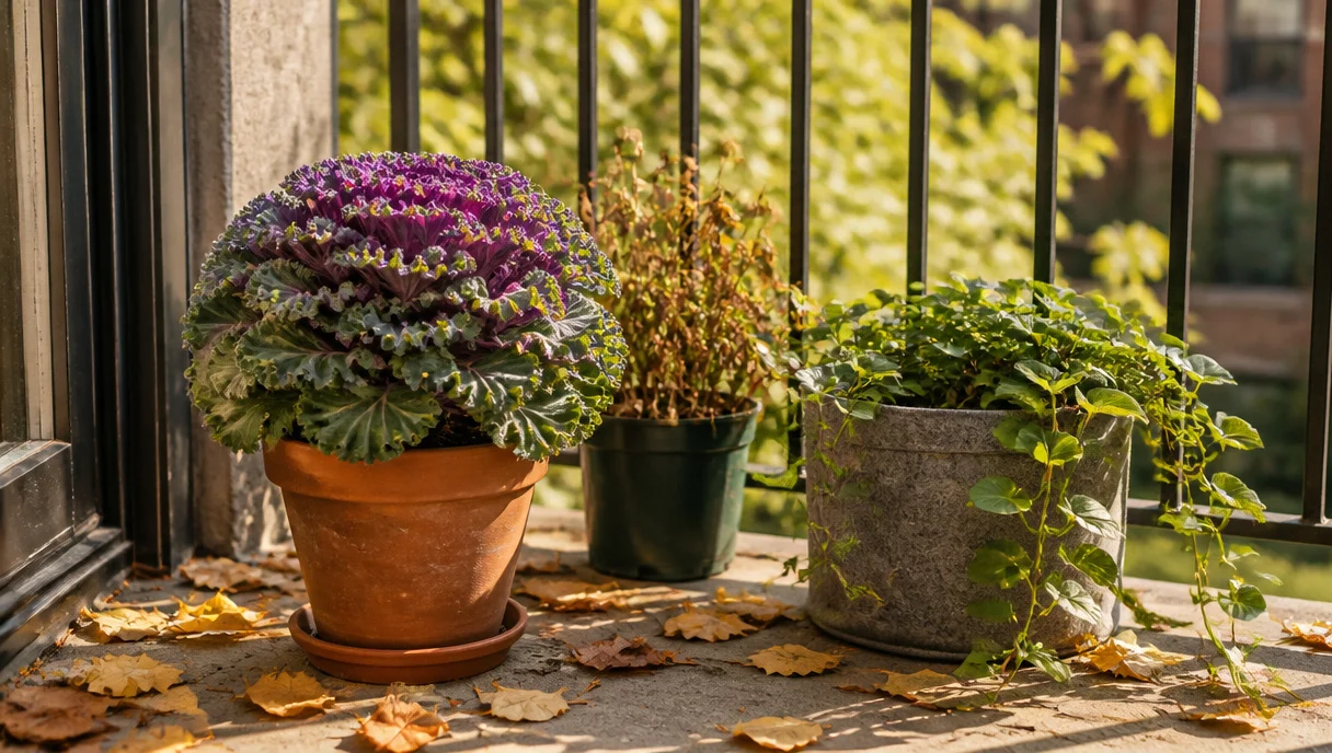Pinterest-style title graphic for How to Transition Balcony Container Plants for Fall on a Budget.