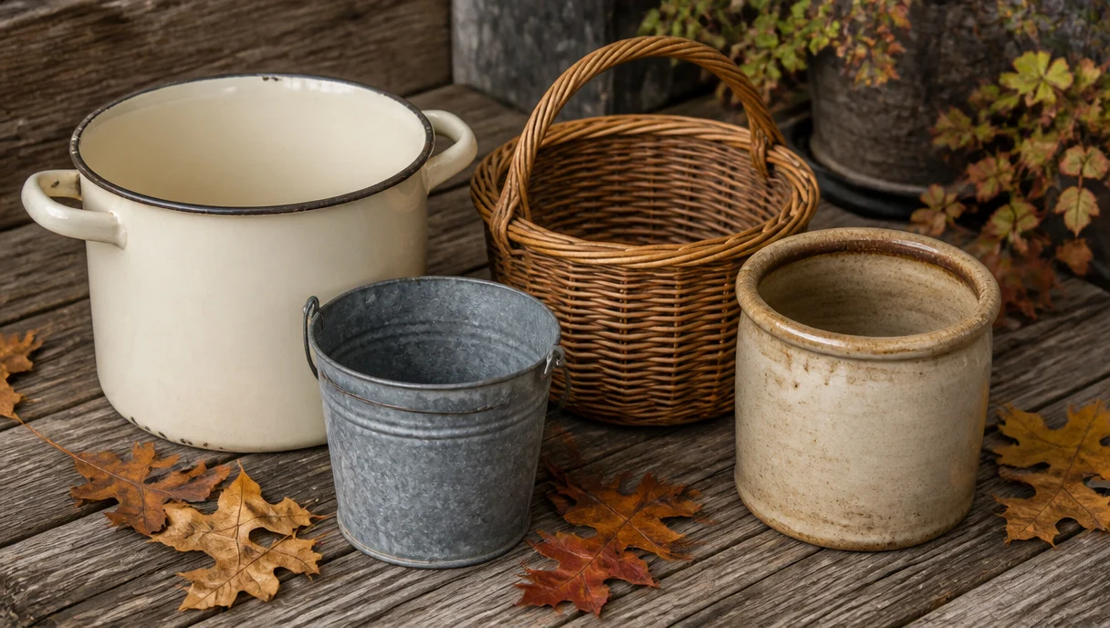 Pinterest-style title graphic for Thrifted Containers That Look Great With Fall Plants.