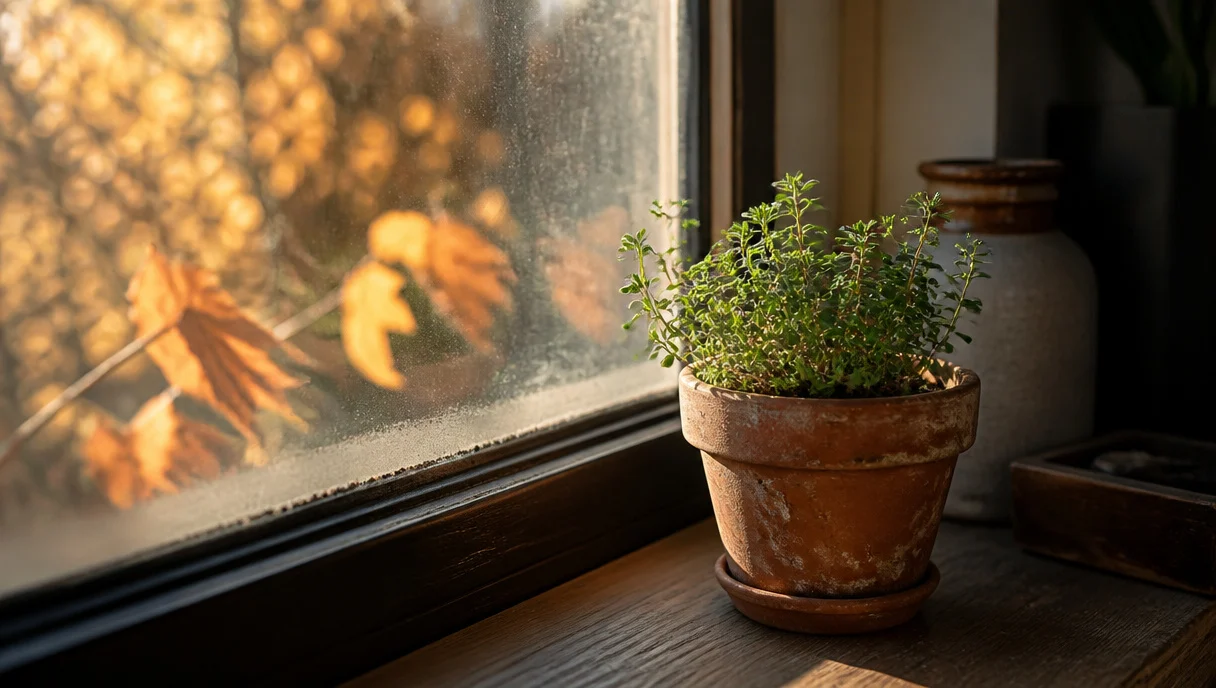 Pinterest-style title graphic for Which Herbs Actually Survive a Windowsill in Early Fall.