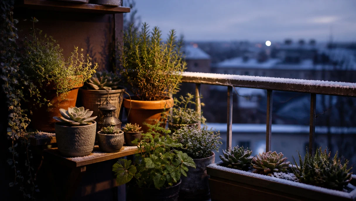 Pinterest-style title graphic for Free and Cheap Ways to Protect Balcony Plants From Frost.