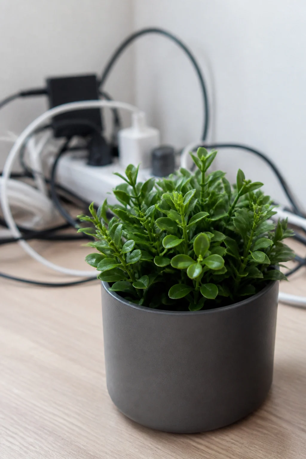 A compact potted plant strategically placed in front of tangled desk cords and a power strip, concealing the clutter.