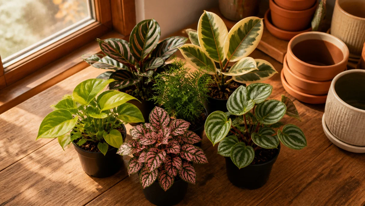 Pinterest-style title graphic for How to Batch Repot Houseplants Before Winter in One Afternoon.