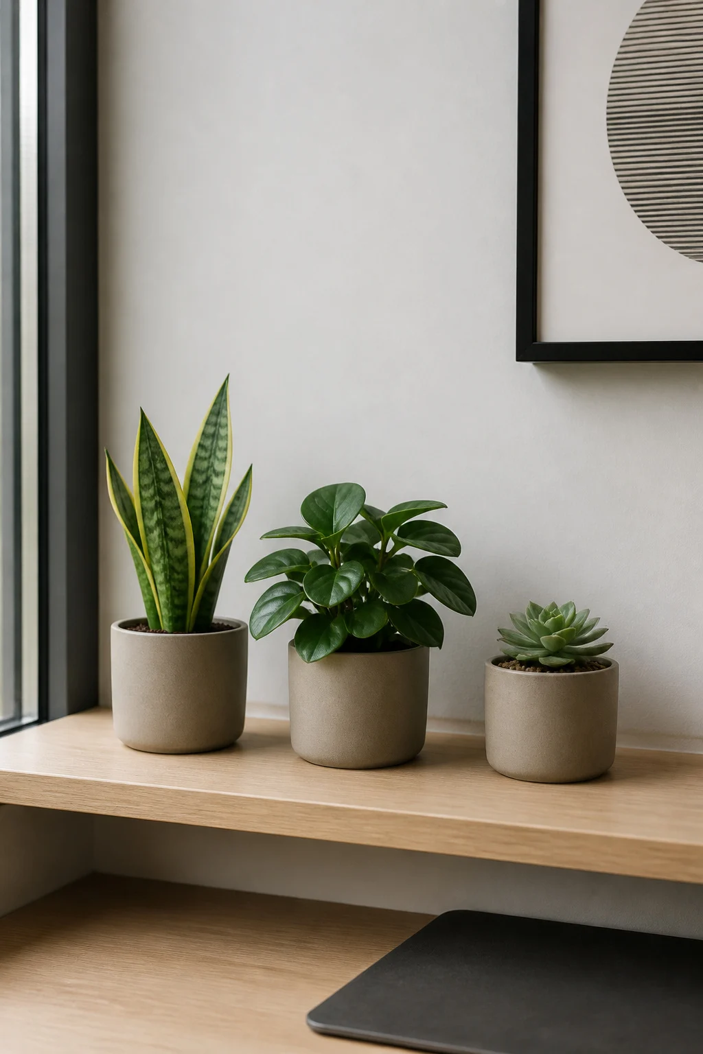 Three compact potted plants of different heights lined up on a narrow desk shelf in neutral pots.