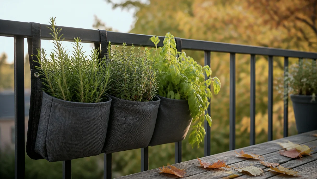 Pinterest-style title graphic for Bringing Your Balcony Herb Wall Indoors Before the First Frost.