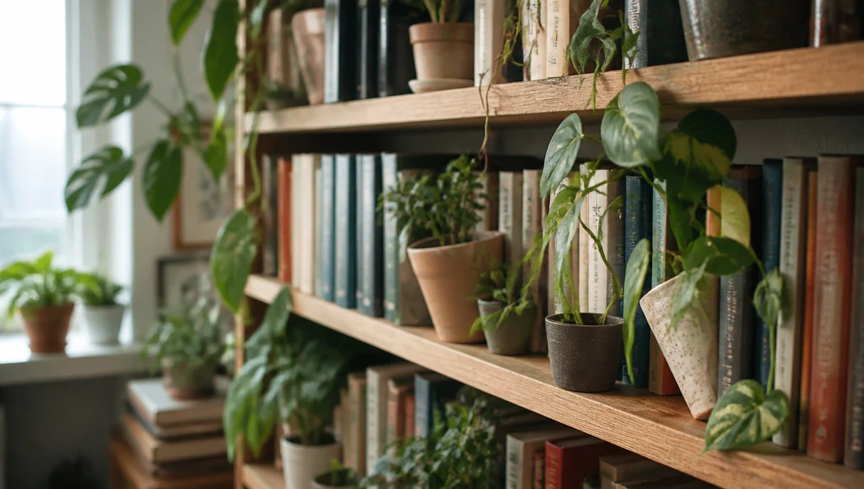 Pinterest-style title graphic for How to Style Plants on a Bookshelf Without Ruining Your Books.