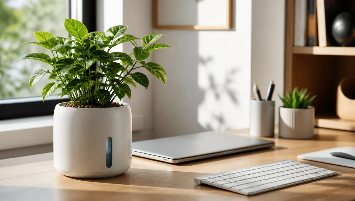 Pinterest-style title graphic for Spill-Proof Planter Ideas to Keep Desk Plants Safe Near Electronics.