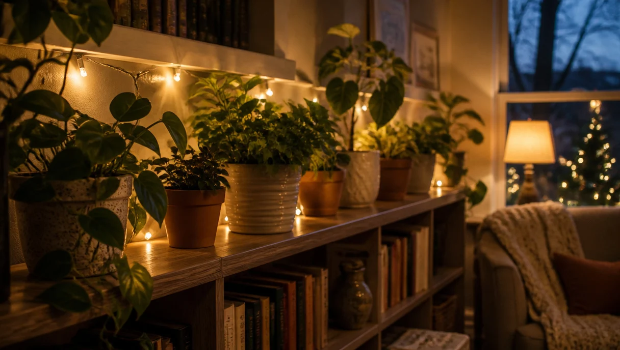 Pinterest-style title graphic for Drape Fairy Lights Near, Not On, Your Houseplants This December.